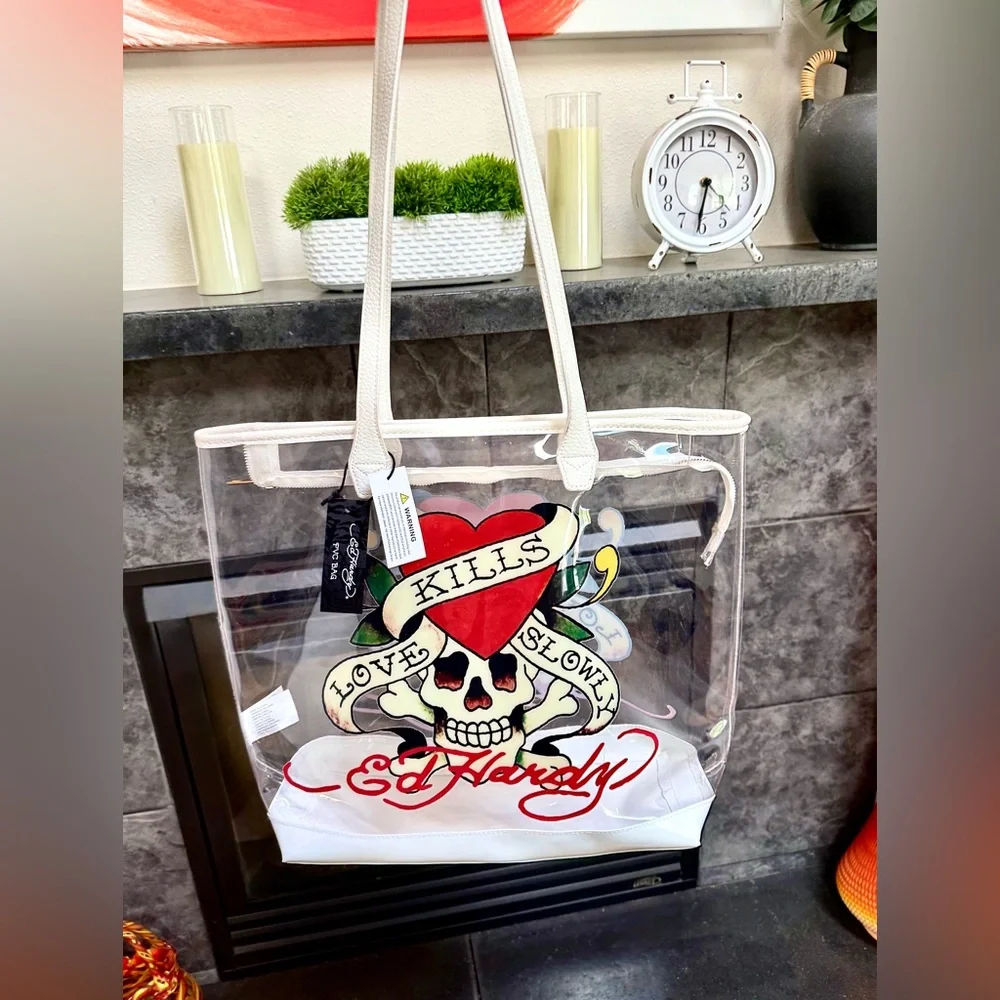 NWT Ed Hardy BIG clear stadium bag PVC Zip tote Leather Trim ~ Love Kills Slowly - Picture 12 of 16